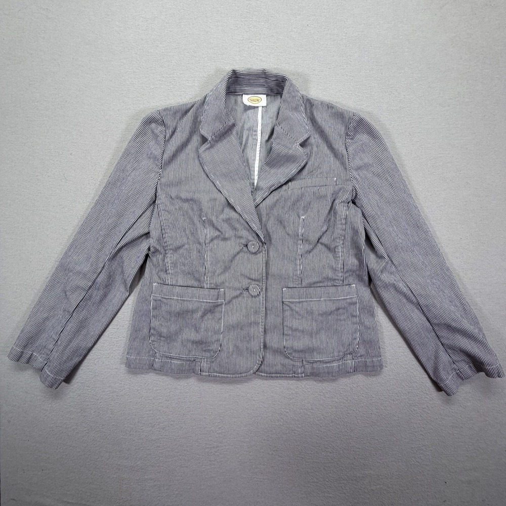 Talbots Women Blazer Regular Navy White Striped Seersucker Cotton Blend 12
